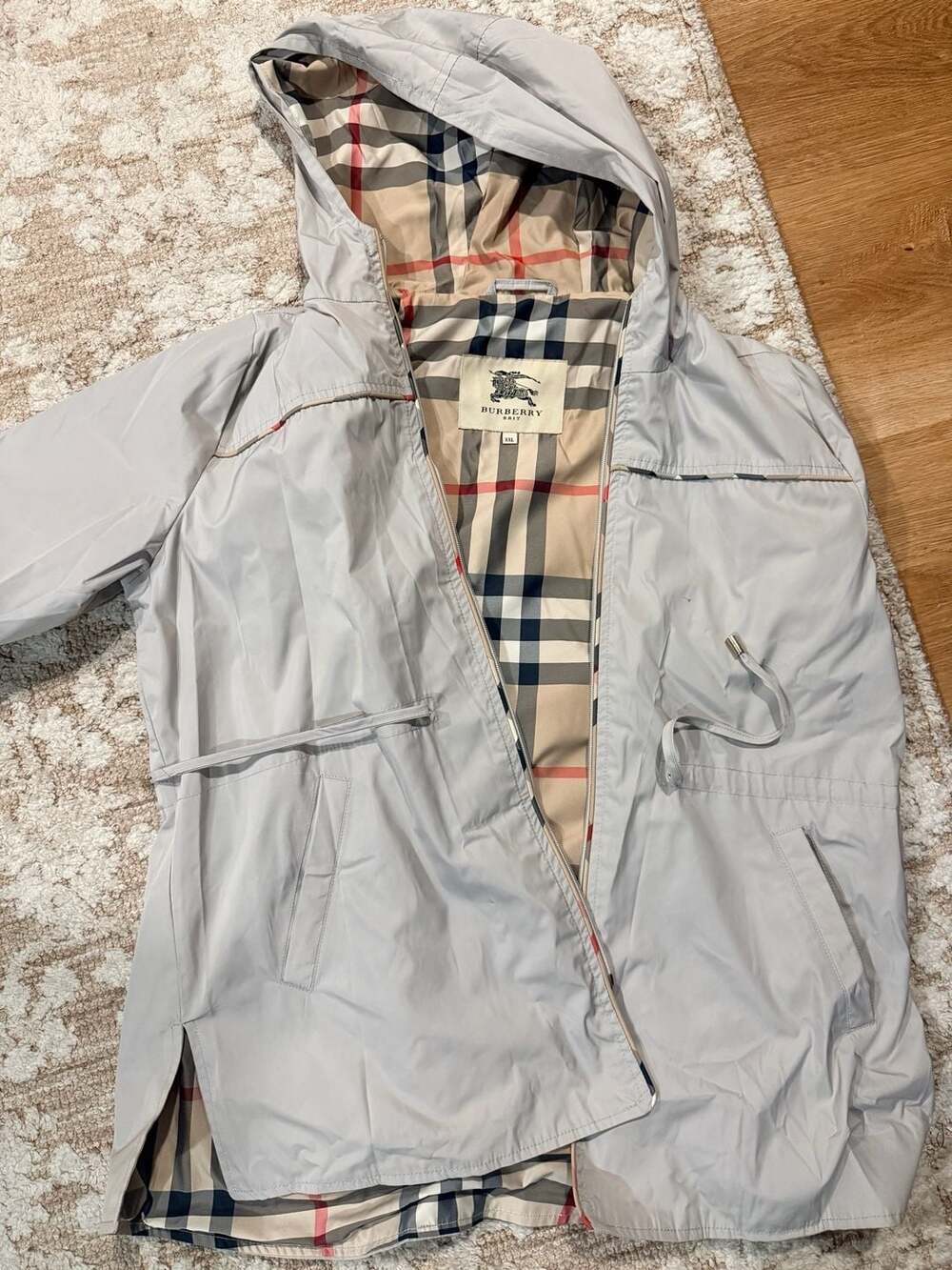 Burberry Brit Hooded Trench Jacket Size XXL Gray Check Lined